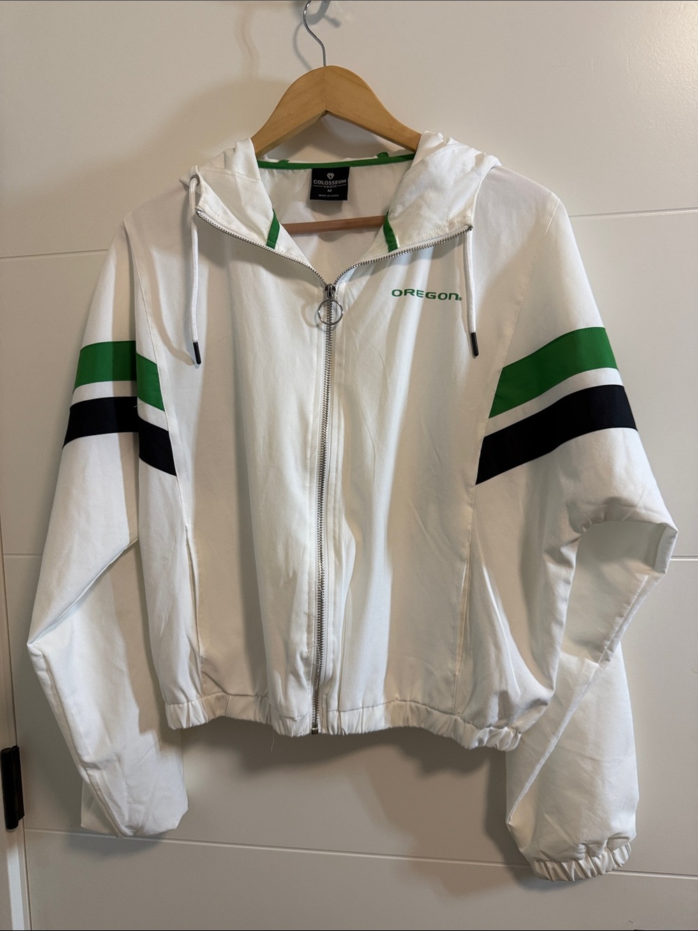 UO Ducks White Hooded Windbreaker Jacket with Green & Black Stripes
